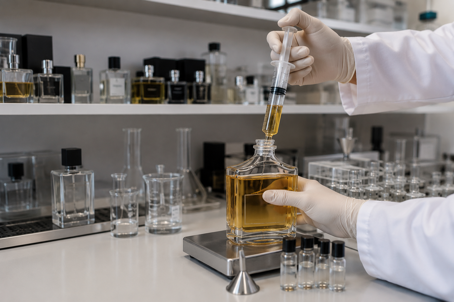 Aurora Perfume decanting process — transferring fragrance from a bottle into travel-size atomizers